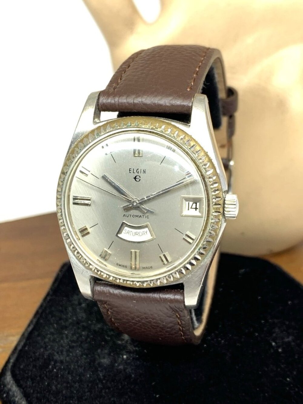 Elgin Men's Watch 2840 Vintage Swiss Automatic 854 Day Date Silver Dial Leather